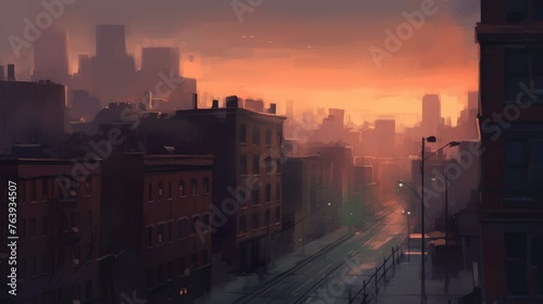 An artistic depiction of a hazy cityscape at dusk, with soft light reflecting off building windows and empty streets suggesting quiet urban solitude © Zhanna
