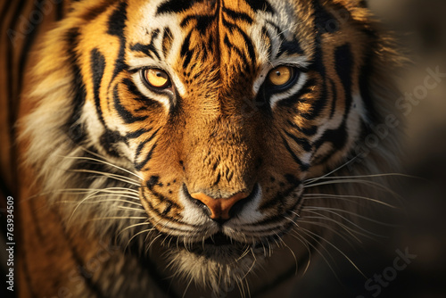 Hyper-real close-up of a tiger s face  refined with feathering brushstrokes for smooth transitions   reated with Generative Ai