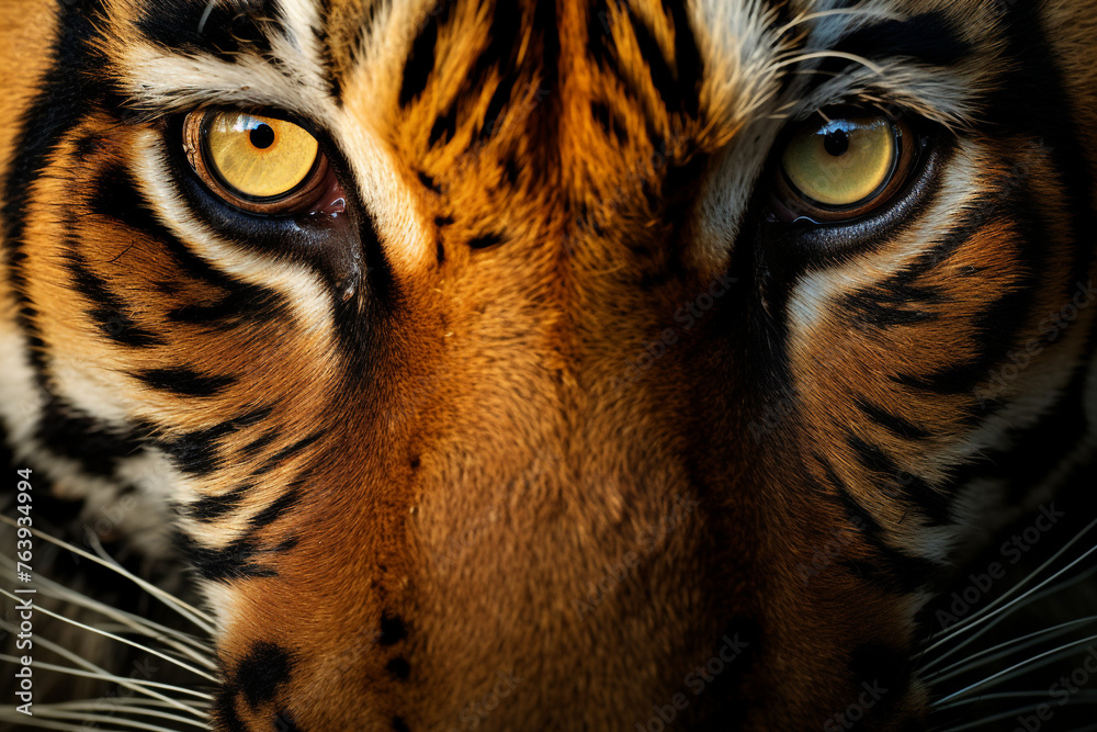 Hyper-real close-up of a tiger's face, refined with feathering brushstrokes for smooth transitions сreated with Generative Ai