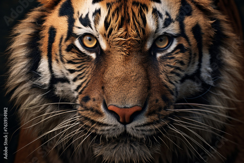 Hyper-real close-up of a tiger s face  refined with feathering brushstrokes for smooth transitions   reated with Generative Ai