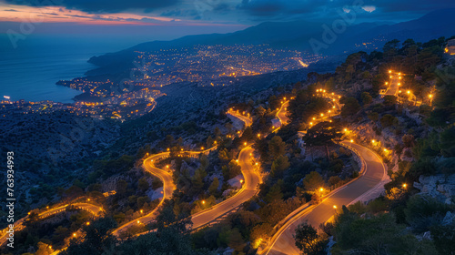 A winding mountain road illuminated at night with city lights in the background. Landscape photography concept. Generative AI