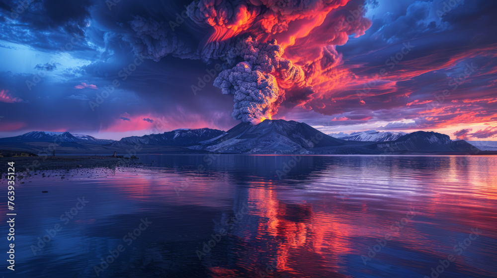 Volcanic eruption with vibrant lava and smoke against a scenic mountain and lake at sunset. Nature and disaster concept. Generative AI