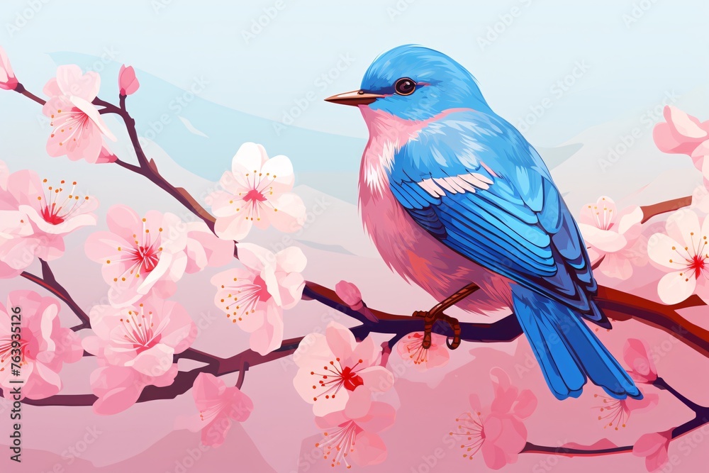 a blue bird on a branch with pink flowers