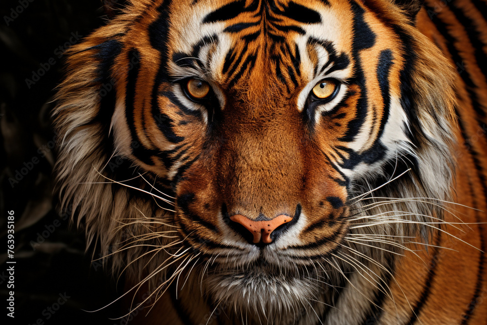 Hyper-real close-up of a tiger's face, refined with feathering brushstrokes for smooth transitions сreated with Generative Ai