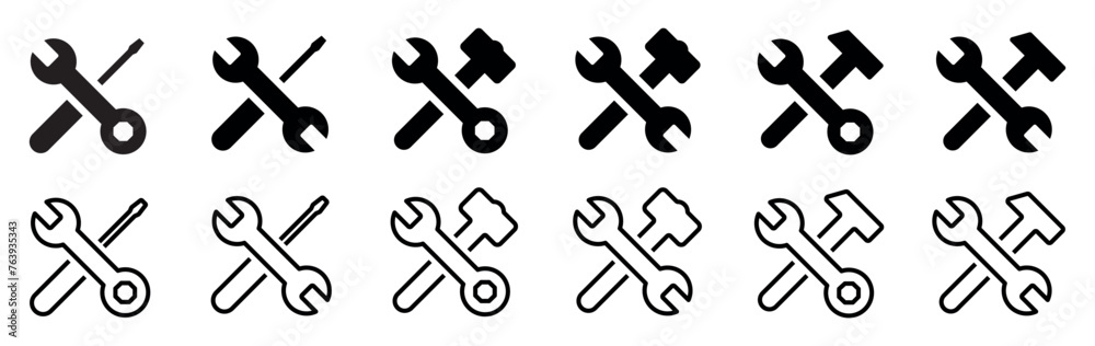 Set of repair and service icons, tool icons. Silhouettes wrench, screwdriver,sledgehammer and a hammer. Repair,construction. Tools vector isolated on a white background. Set of repair and service icons, tool icons. Silhouettes wrench, screwdriver,sledgehammer and a hammer. Repair,construction. Tools vector isolated on a white background.