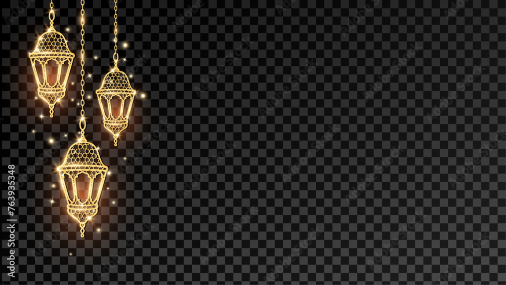 Ramadan or Al-Adha golden shiny lanterns decoration. Hanging traditional eastern lamps. Islamic glowing border. Muslim holidays corner frame. Transparent background can be removed in vector format. Ramadan or Al-Adha golden shiny lanterns decoration. Hanging traditional eastern lamps. Islamic glowing border. Muslim holidays corner frame. Transparent background can be removed in vector format.