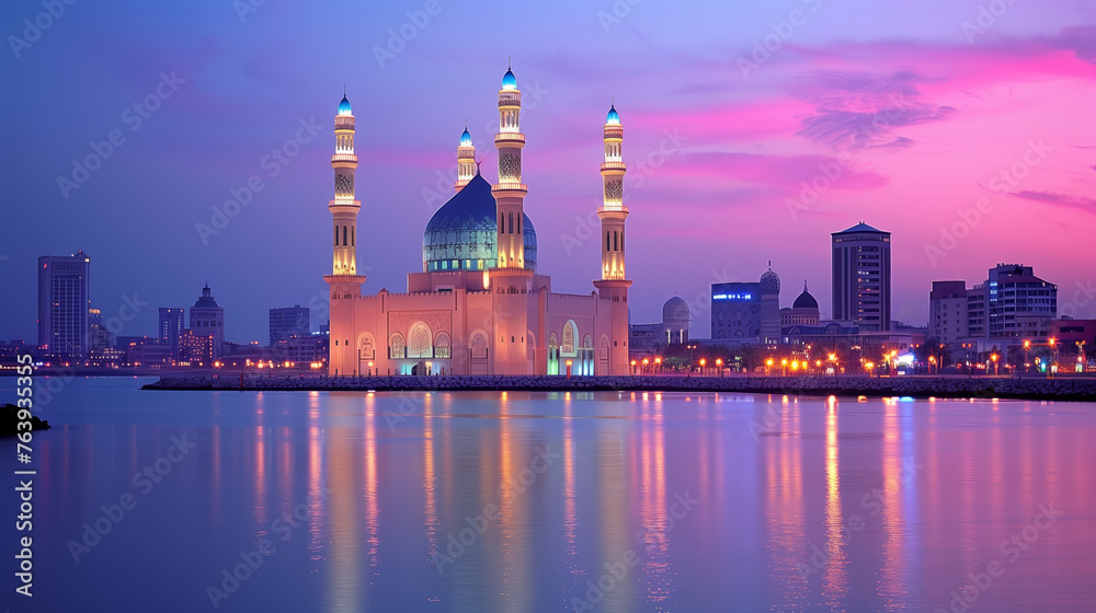 Mosque by the waterfront against a city skyline during sunset, with vibrant colors in the sky. Generative AI