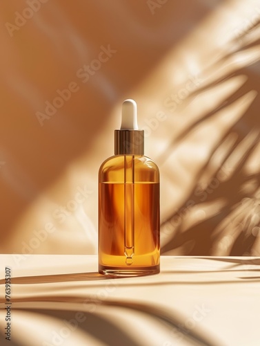 (Mockup) Amber Glass Dropper Bottle with Sunlit Shadows