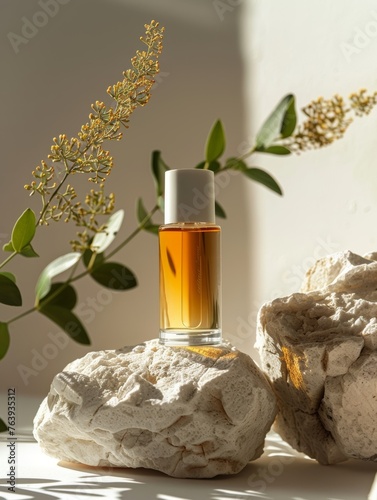 (Mockup) Natural Skincare Serum on Limestone with Greenery