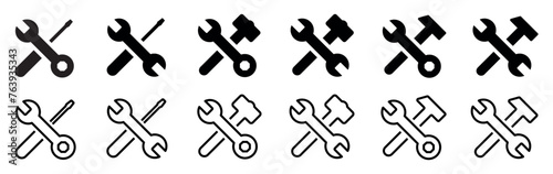 Set of repair and service icons, tool icons. Silhouettes wrench, screwdriver,sledgehammer and a hammer. Repair,construction. Tools vector isolated on a white background.