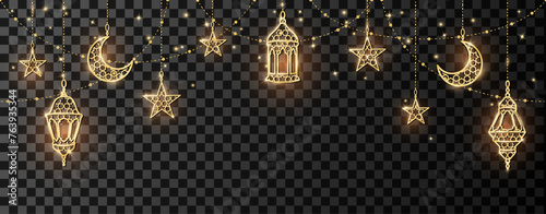 Ramadan or Al-Adha golden shiny decoration. Hanging lanterns, crescent, stars. Traditional islamic lamps, shiny border. Muslim holidays frame. Transparent background can be removed in vector format. photo