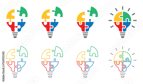 Set of light bulb puzzle icons. Lamp symbol with jigsaw inside. Business concept  idea  strategy. Four puzzle pieces with light bulbs. Vector illustration.