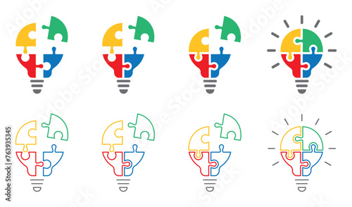 Set of light bulb puzzle icons. Lamp symbol with jigsaw inside. Business concept, idea, strategy. Four puzzle pieces with light bulbs. Vector illustration.