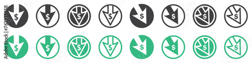 Set of cost reduction icon. Dollar down icon, dollar decrease. Cost price low, vector.