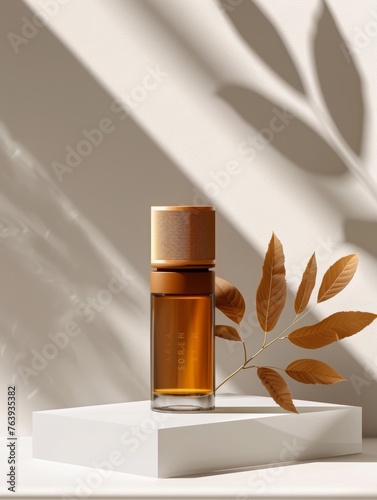 (Mockup) Elegance in Skincare: Serum Bottle with Autumn Leaves