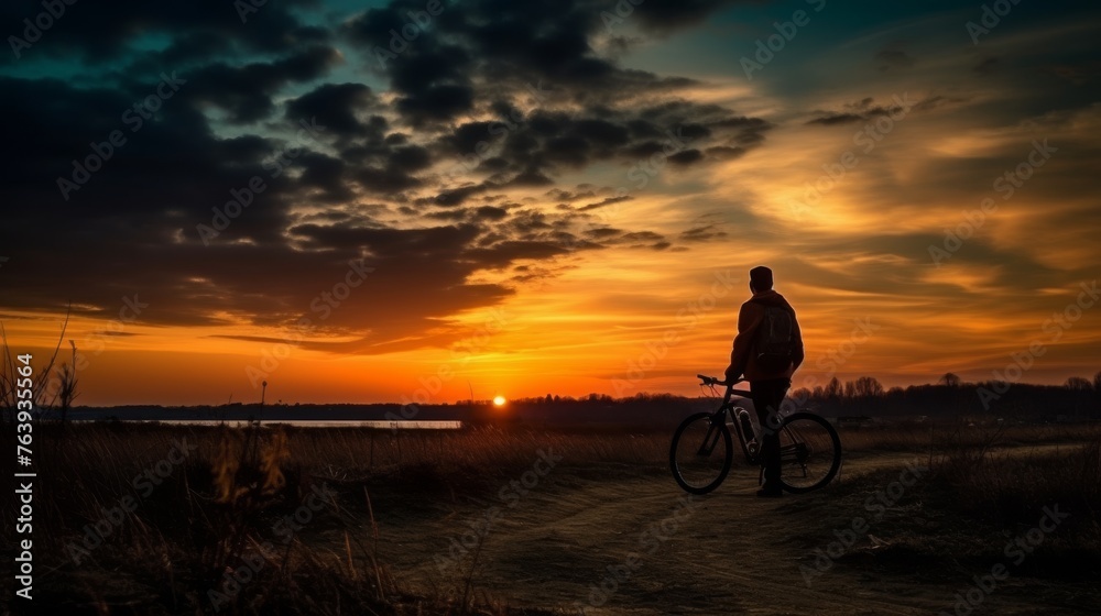 Obraz premium A lone cyclist pauses on a rural trail, silhouetted against a breathtaking sunset sky, reflecting on the journey in the quiet of twilight