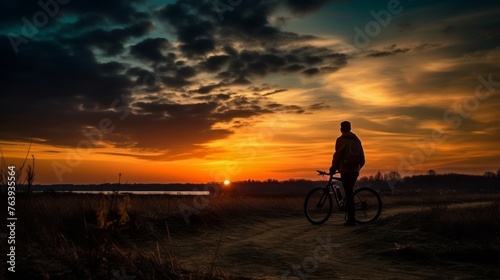 Wallpaper Mural A lone cyclist pauses on a rural trail, silhouetted against a breathtaking sunset sky, reflecting on the journey in the quiet of twilight Torontodigital.ca
