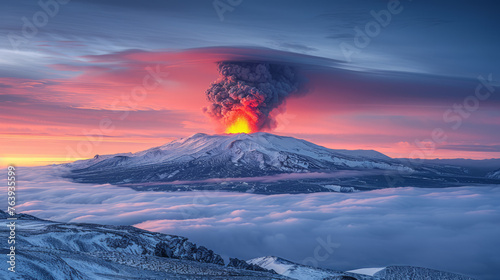 A volcano eruption with lava and smoke above clouds at sunrise or sunset. Nature and landscape concept. Generative AI