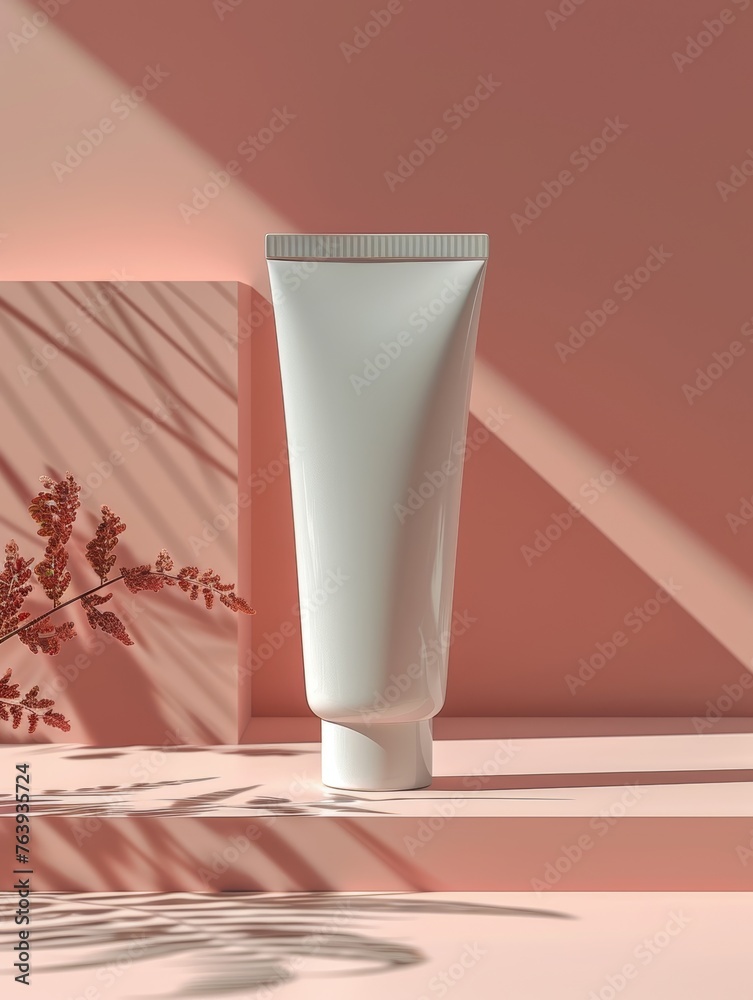 (Mockup) Skincare Tube with Floral Shadow on Coral Backdrop