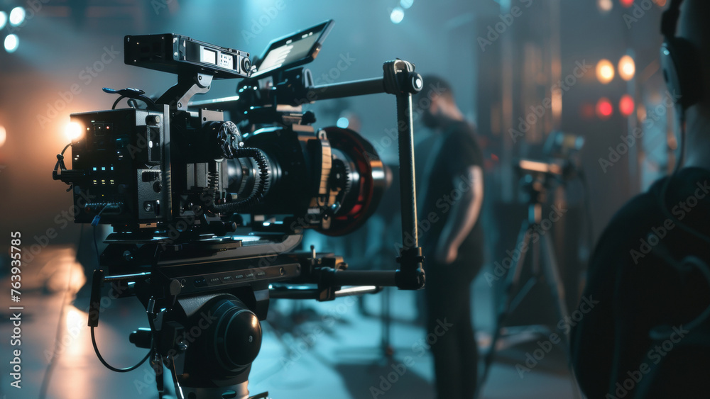 Professional film camera set up and ready for a movie shoot. Professional film camera set up and ready for a movie shoot.