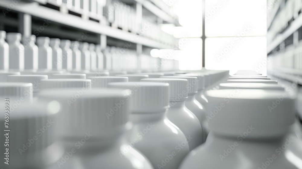 Perspective view of white bottles lined up in rows, converging towards bright light. Perspective view of white bottles lined up in rows, converging towards bright light.