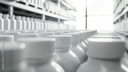 Perspective view of white bottles lined up in rows, converging towards bright light.