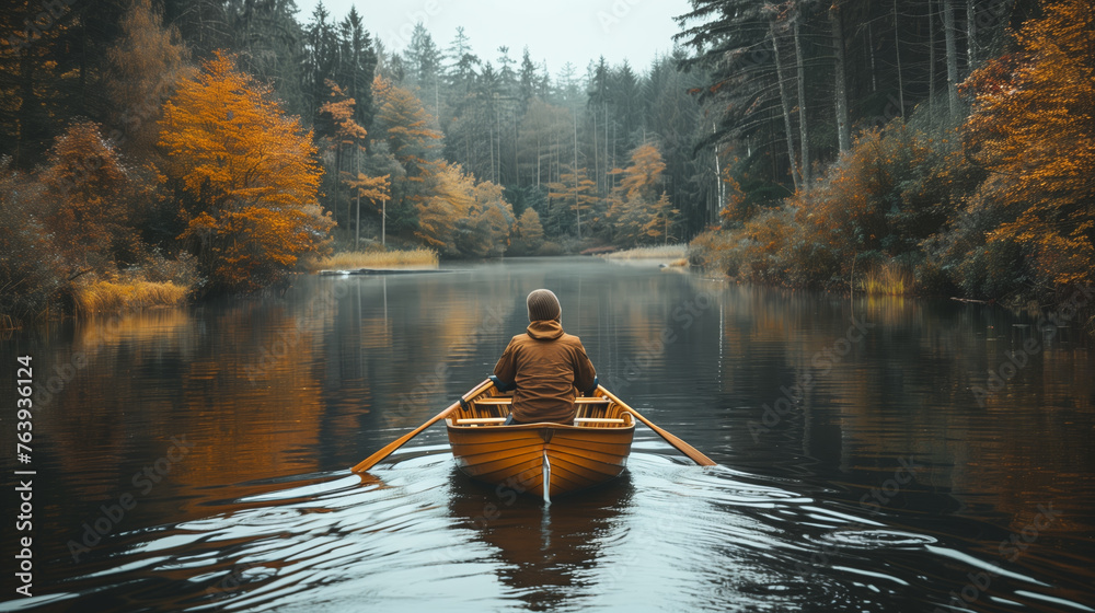 Man rowing a wooden boat on a calm river, surrounded by an autumn forest. Photography style on serene background. Travel and relaxation concept. Generative AI - obrazy, fototapety, plakaty 