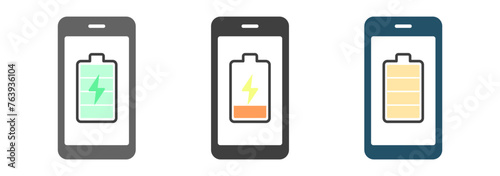 アイコン セット バッテリー 充電 スマートフォン 白 背景