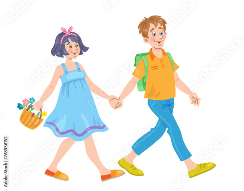 Happy family. Young man and cute woman go hand in hand. Isolated on white background. Vector flat illustration