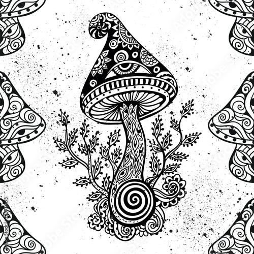 Magic Mushrooms mandala. Psychedelic pattern. Vector illustration. Zen Boho art. Decorative mushrooms, hippie, hallucination psilocybin 60s 70s