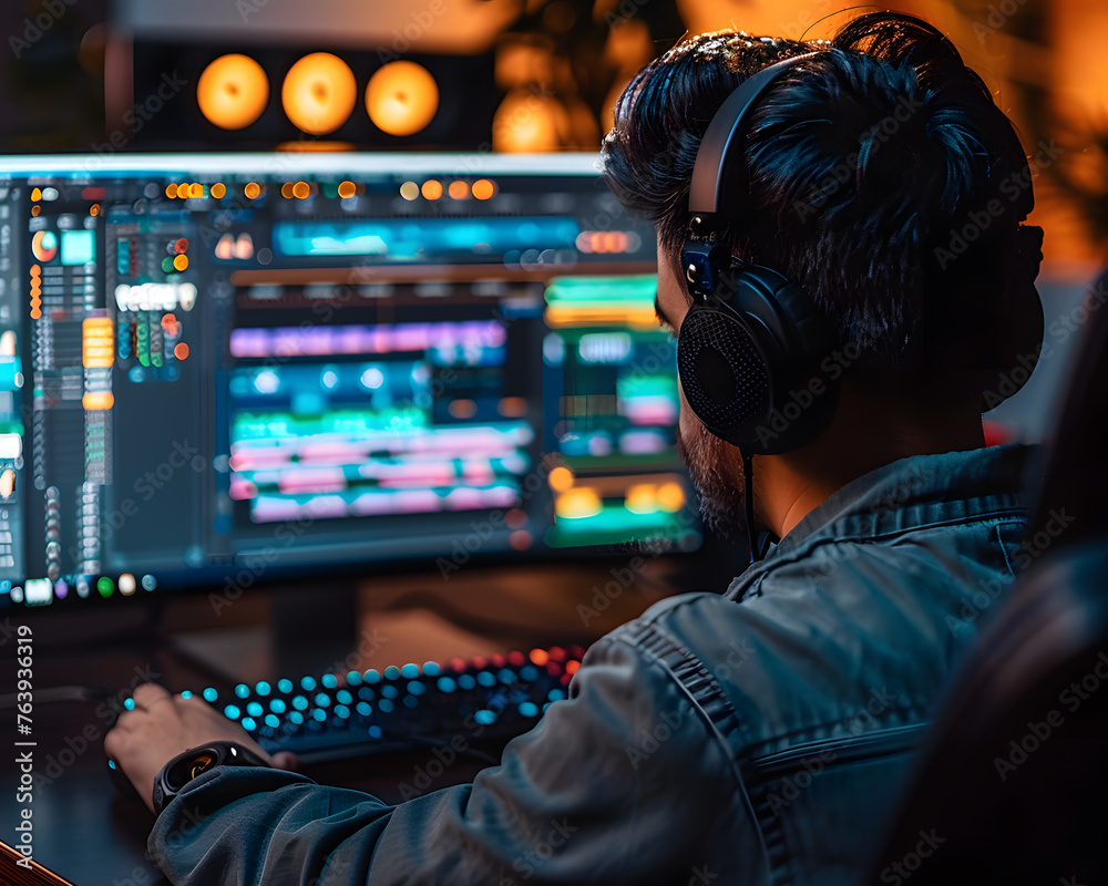 In a studio bustling with vibrant energy and filled with electronic equipment, a music producer wearing headphones is deeply engrossed in crafting a mix. In a studio bustling with vibrant energy and filled with electronic equipment, a music producer wearing headphones is deeply engrossed in crafting a mix.