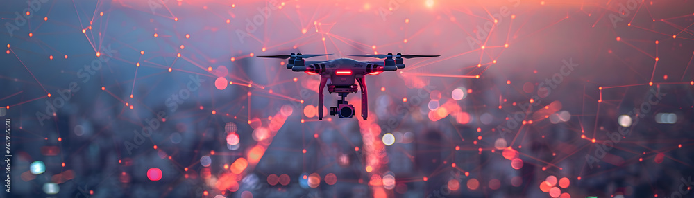 A high-tech drone flies with network connection lines illuminated against the backdrop of a city's evening sky. - obrazy, fototapety, plakaty 