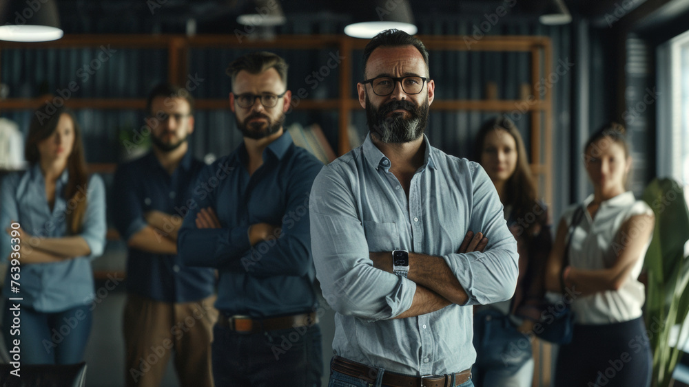 Confident leader stands with arms crossed among his team in a modern co-working space.