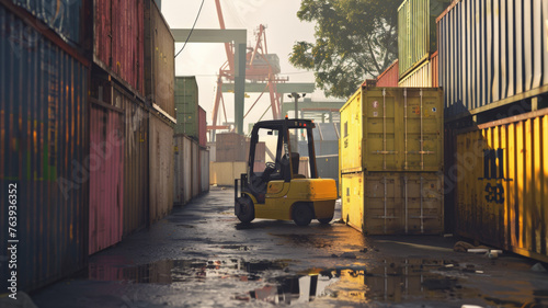 A forklift weaves its way through a maze of cargo containers in a bustling industrial port setting.