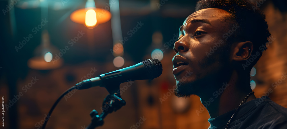 Intense expression of a male singer performing live, the emotion captured as he sings into a microphone in a warm, ambient setting. - obrazy, fototapety, plakaty 