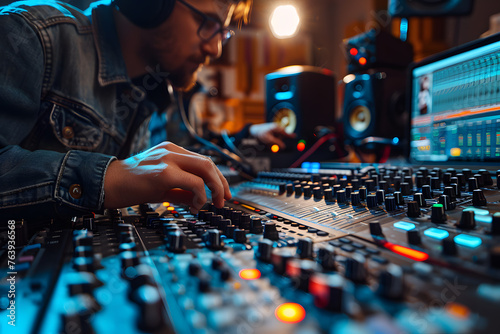 A sound engineer in deep concentration adjusts the mixing console in a music studio, surrounded by professional audio equipment.