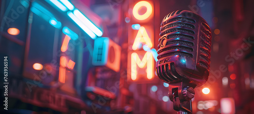 A classic microphone stands out amidst the neon glow of a vibrant city night, symbolizing urban nightlife and entertainment.