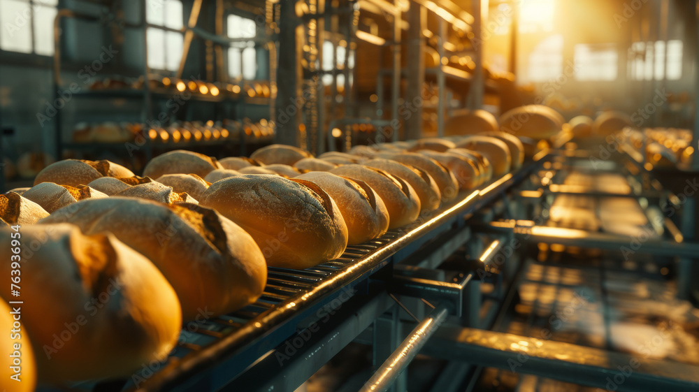 Dawn illuminates a bakery production line with golden bread loaves rolling out. Dawn illuminates a bakery production line with golden bread loaves rolling out.