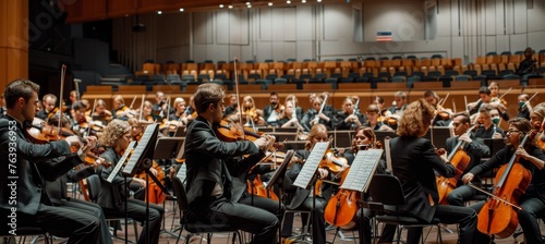 Symphonic orchestra performing classical music concert on stage with professional musicians photo