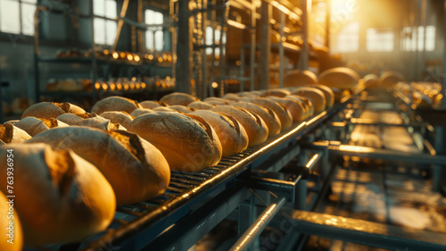 Dawn illuminates a bakery production line with golden bread loaves rolling out.