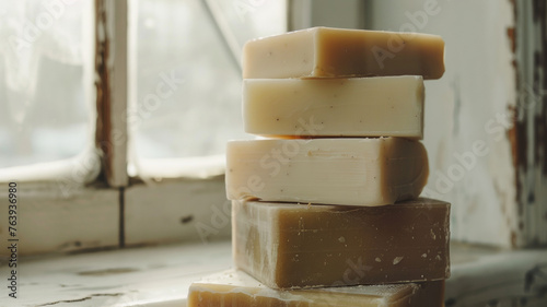 Handcrafted soap bars stacked in a serene window light.