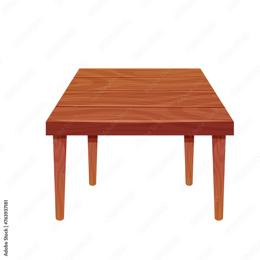 Picnic table wooden furniture, wood desk with leg, rustic construction isolated on white background. Comic wooden textured coffee table.
