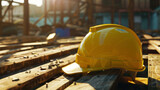 Morning light casts a warm glow on a safety helmet, symbolizing the start of a new day on a construction site.