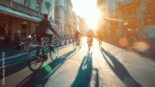 Cyclists swiftly move through a bustling urban street at sunset, their shadows stretching behind them. photo