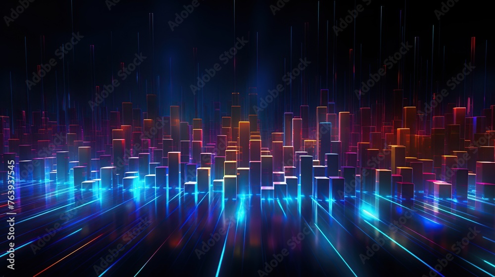 A cybernetic city pulse with neon skyscrapers and light streams, embodying urban digital transformation, ideal for futuristic themes and presentations, with copy space.