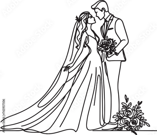 line drawing romantic wedding couple one line art love vector illustration