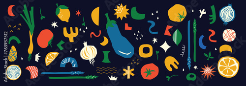 Healthy organic vegan food. Cooking dietary dishes. Vegetarian cafe. Set of icons in flat geometric style. Abstract signs, Vegetables, fruits, salads vector illustration.