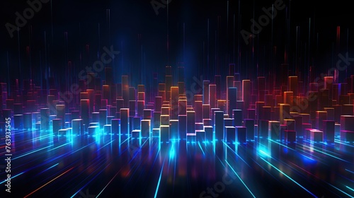 A cybernetic city pulse with neon skyscrapers and light streams, embodying urban digital transformation, ideal for futuristic themes and presentations, with copy space.