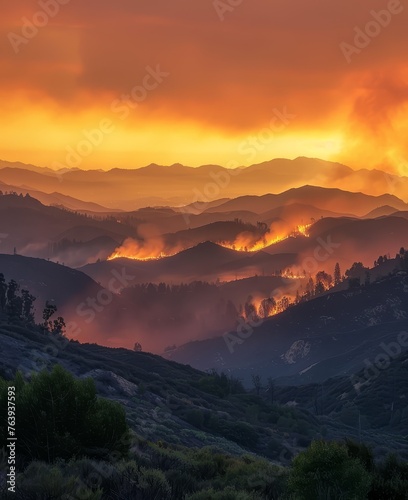 A valley shrouded in wildfire smoke, highlighting the serene beauty amidst chaos, perfect for environmental campaigns