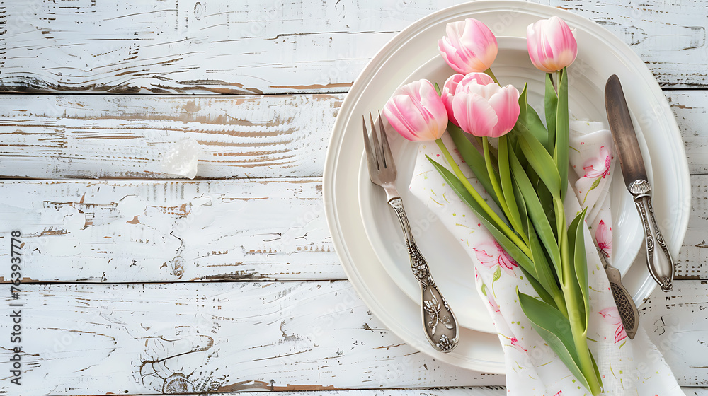 Easter table setting featuring pink tulips arranged on a white wooden background - obrazy, fototapety, plakaty 